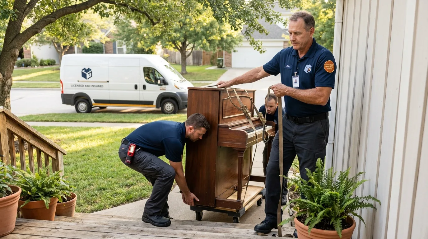 Licensed piano movers securing grand piano in Burt, MI