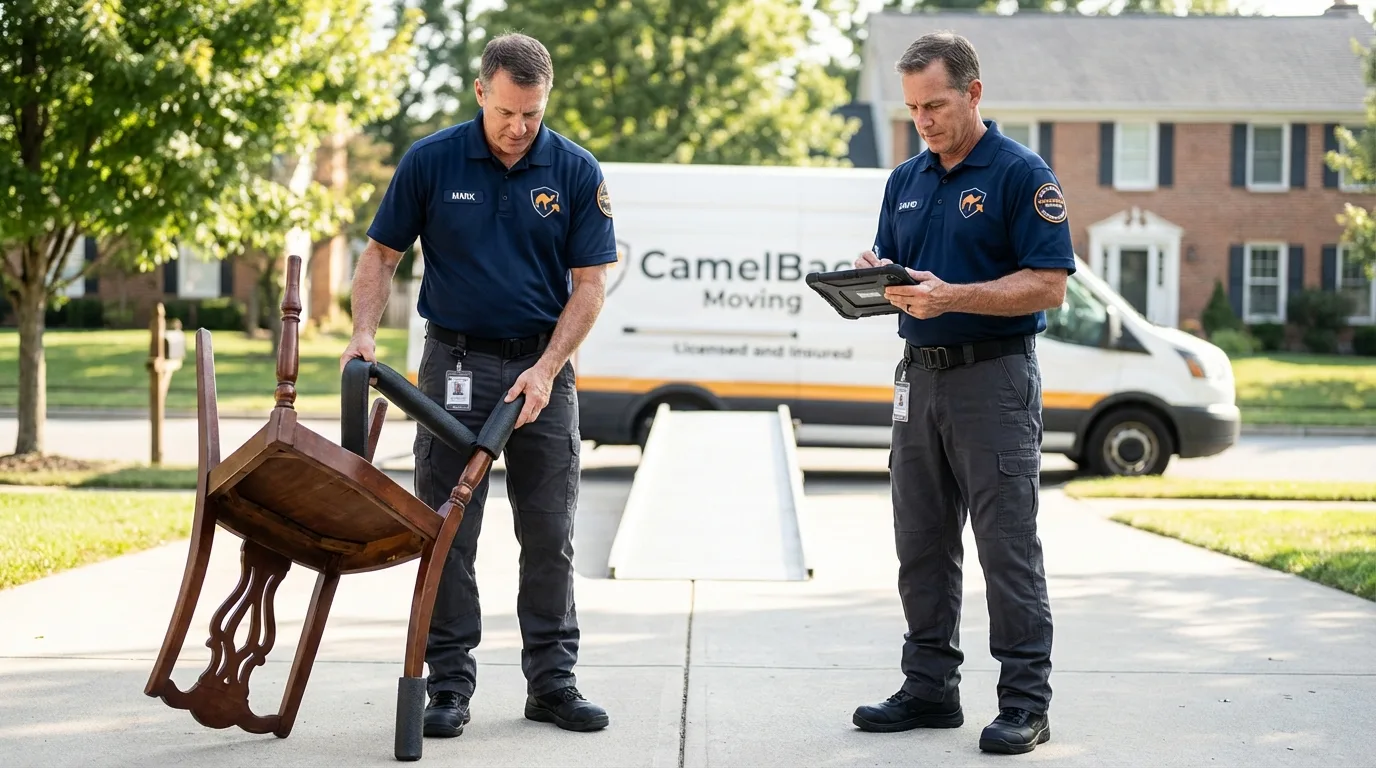 Movers inspecting furniture for damage prevention before loading in Burt, MI