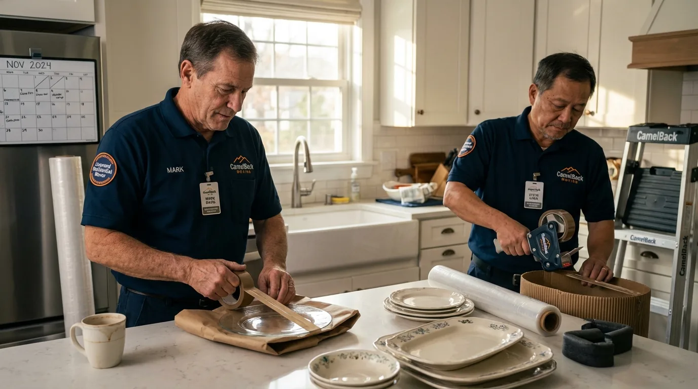 Professional crew packing kitchen dishware in Burt, MI